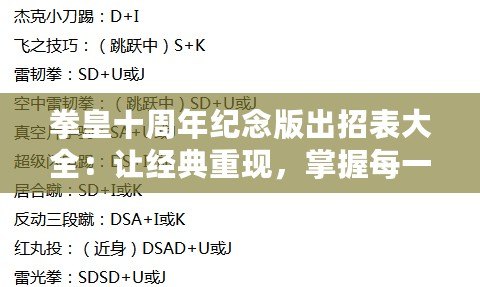 拳皇十周年紀念版出招表大全：讓經(jīng)典重現(xiàn)，掌握每一招每一式！